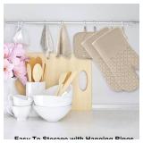 KEGOUU Oven Mitts and Pot Holders 6pcs Set, Kitchen Oven Glove High Heat Resistant 500 Degree Extra Long Oven Mitts and Potholder with Non-Slip Silicone Surface for Cooking (Almond)