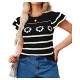 Womens Short Sleeve Crochet Knit Sweater Casual Loose Hollow Out Striped Colorblock Pullover Tops Summer Clothes Black M