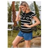 Womens Short Sleeve Crochet Knit Sweater Casual Loose Hollow Out Striped Colorblock Pullover Tops Summer Clothes Black M