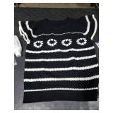 Womens Short Sleeve Crochet Knit Sweater Casual Loose Hollow Out Striped Colorblock Pullover Tops Summer Clothes Black M