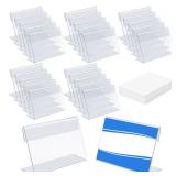 SBYURE 36 Mini Acrylic Sign Holder Name Card Price Tag Label Holder with 36 PCS Blank Labels Slanted L-Shape Plastic Name Card Price Card Tag Label Counter Top Stand