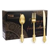 N9R 300pcs Gold Plastic Silverware Dinnerware Flatware- Heavyweight Plastic Cutlery Set, 100 Forks, 100 Spoons, 100 Knives, Gold Utensils for Party, Thanksgiving, Christmas