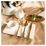 N9R 300pcs Gold Plastic Silverware Dinnerware Flatware- Heavyweight Plastic Cutlery Set, 100 Forks, 100 Spoons, 100 Knives, Gold Utensils for Party, Thanksgiving, Christmas