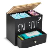 Tampon Holder for Bathroom Decor and Storage, Wood Feminine Product Organizer with Drawer and Lid, Pad and Tampon Organizer Bathroom Accessories Box for Tampon Storage, Black Cotton Ball/Swab Holder