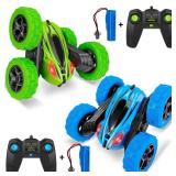 2 Pack Remote Control Car, RC Stunt Cars for Boys, 4WD 2.4Ghz Double Sided 360Â° Rotating RC Car for Kids, 4 Rechargeable Battery, Blue+Green