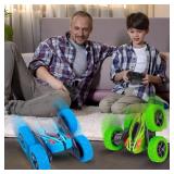 2 Pack Remote Control Car, RC Stunt Cars for Boys, 4WD 2.4Ghz Double Sided 360Â° Rotating RC Car for Kids, 4 Rechargeable Battery, Blue+Green