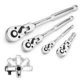 WORKPRO 4-Piece Flex Head Ratchet Set, 1/4, 3/8, 1/2 Drive, 3/8 Stubby, 72-Tooth Ratchet with Chromium Plating Quick Release Reversible Design, 5 Degree Swing