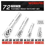 WORKPRO 4-Piece Flex Head Ratchet Set, 1/4, 3/8, 1/2 Drive, 3/8 Stubby, 72-Tooth Ratchet with Chromium Plating Quick Release Reversible Design, 5 Degree Swing