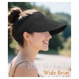 Sun Visor Hats for Women, UV Protection Straw Sun Hat, Packable Ponytail Beach Hat for Summer Travel & Outdoor Activities Black