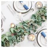 Ouddy Decor Eucalyptus Garland 6.56 Ft Lush Silver Dollar Leaves Boxwood with White Buds Artificial Faux Greenery Vines for Baby Shower Wedding Party Table Runner Room Home Mantle Decor