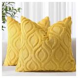 decorUhome Throw Pillow Covers 18x18 Inch Set of 2, Soft Plush Faux Wool Mustard Yellow Solid Couch Pillow Covers, Accent Farmhouse Neutral Square Pillow Cases for Sofa Bed Living Room