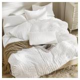 JELLYMONI Bright White Duvet Cover Full Size, 3pcs Washed Microfiber Bedding Set, Soft Breathable Seersucker Duvet Cover Set with Zipper Closure and Corner Ties for All Seasons
