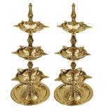 SATVIK 2Pc Standing Brass Kerala Samai Diwali Deepak for Puja Traditional Panchmahal Pooja Deepam Diya Oil Lamp Kutthu Vilakku Dia 3 in 1 Step Adjustable 8.5 inch Deepawali Indian Gift Item