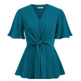 Womens Peacock Blue Peplum Tops V Neck Bell Sleeve Tops Tie Front Elegant Blouse 2XL