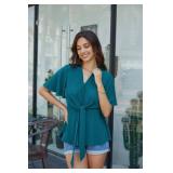 Womens Peacock Blue Peplum Tops V Neck Bell Sleeve Tops Tie Front Elegant Blouse 2XL