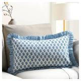 CPC Apatite Blue 100% Cotton Block Print Ruffle Sham Cover 12x20 inch, Handmade Boho Floral Pillowcase, Farmhouse Cottagecore Bedding, Soft Decorative Cushion Cover for Bedroom Decor