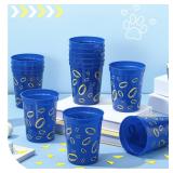 Qinyoung 24 Pcs Blue with Gold Ring Print Themed Birthday Party Supplies Plastic Cups Reusable 16oz Cups for Cartoon Theme Birthday Party Holiday Events Decoration Favors