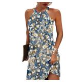 2XL Blue Mixed Flowers Women Summer Sleeveless Halter Neck Dresses 2025 Casual Floral Print Sun Dress for Party Beach Vacation