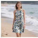 2XL Blue Mixed Flowers Women Summer Sleeveless Halter Neck Dresses 2025 Casual Floral Print Sun Dress for Party Beach Vacation