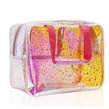 TotePrint TPU Holographic Pink Clear Star Large Cosmetic Bag and Travel Pouch with Handle,Durable TPU Material,Zipper Design-Ideal for Makeup,Travel Essentials (Holographic pink)