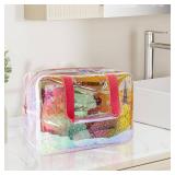 TotePrint TPU Holographic Pink Clear Star Large Cosmetic Bag and Travel Pouch with Handle,Durable TPU Material,Zipper Design-Ideal for Makeup,Travel Essentials (Holographic pink)