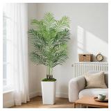 6ft Artificial Palm Tree with White Planter Tall Fake Tropical Areca Palm Tree in Pot with Real Bark Design for Home, Office, Living Room, Bedroom, Farmhouse, and Modern Decor