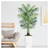 6ft Artificial Palm Tree with White Planter Tall Fake Tropical Areca Palm Tree in Pot with Real Bark Design for Home, Office, Living Room, Bedroom, Farmhouse, and Modern Decor