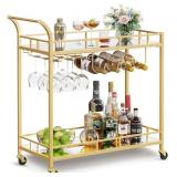 Retails for $105! VASAGLE Bar Cart Gold, Home Bar Serving Cart, Wine Cart with 2 Mirrored Shelves, Wine Holders, Glass Holders, for Kitchen, Dining Room, Gold ULRC090A03