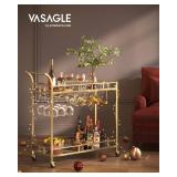 Retails for $105! VASAGLE Bar Cart Gold, Home Bar Serving Cart, Wine Cart with 2 Mirrored Shelves, Wine Holders, Glass Holders, for Kitchen, Dining Room, Gold ULRC090A03