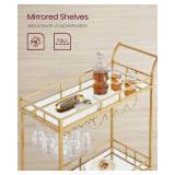 Retails for $105! VASAGLE Bar Cart Gold, Home Bar Serving Cart, Wine Cart with 2 Mirrored Shelves, Wine Holders, Glass Holders, for Kitchen, Dining Room, Gold ULRC090A03