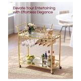 Retails for $105! VASAGLE Bar Cart Gold, Home Bar Serving Cart, Wine Cart with 2 Mirrored Shelves, Wine Holders, Glass Holders, for Kitchen, Dining Room, Gold ULRC090A03