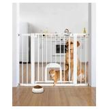 Babelio Baby Gate with Adjustable Cat Door, 29-43"" Auto Close Durable Dog Gate for Stairs, Doorways and House, Easy Walk Thru Safety Gate with Pet Door, Milky White, CB-M-101