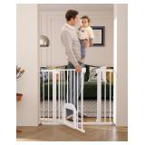 Babelio Baby Gate with Adjustable Cat Door, 29-43"" Auto Close Durable Dog Gate for Stairs, Doorways and House, Easy Walk Thru Safety Gate with Pet Door, Milky White, CB-M-101