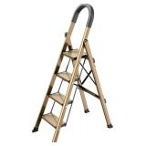 GameGem Lightweight Aluminum 4 Step Ladder Folding Step Stool Stepladders with Anti-Slip and Wide Pedal for Home and Kitchen Use Space Saving (Brown Gold)