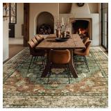 Retails for $140! Area Rug 9x12 Washable Rugs for Living Room, Non-Slip Floral Vintage Distress Print Pattern Medallion Carpet for Bedrooms Dining Room, Brick Red Rust Red Neutral