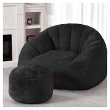 Retails for $130! HABUTWAY Bean Bag Chair, Giant Bean Bag Chairs for Adults with Ottoman, Comfy Faux Fur Shell-Shaped Bean Bag Couch, Sofa Chair for Living Room, Bedroom, Black