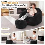 Retails for $130! HABUTWAY Bean Bag Chair, Giant Bean Bag Chairs for Adults with Ottoman, Comfy Faux Fur Shell-Shaped Bean Bag Couch, Sofa Chair for Living Room, Bedroom, Black