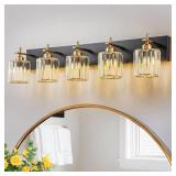 Retails for $134! Modern Crystal Bathroom Vanity Lights, Black Gold 5-Lights Bathroom Light Fixtures Over Mirror, Crystal Wall Lighting with Polished Gold Finish(Exclude Bulb)