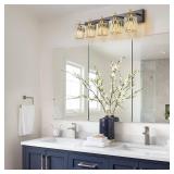 Retails for $134! Modern Crystal Bathroom Vanity Lights, Black Gold 5-Lights Bathroom Light Fixtures Over Mirror, Crystal Wall Lighting with Polished Gold Finish(Exclude Bulb)