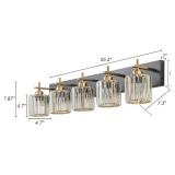 Retails for $134! Modern Crystal Bathroom Vanity Lights, Black Gold 5-Lights Bathroom Light Fixtures Over Mirror, Crystal Wall Lighting with Polished Gold Finish(Exclude Bulb)