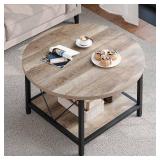 YITAHOME Round Coffee Table, Rustic Wood Coffee Tables for Living Room, Farmhouse Circle Coffee Table with 2-Tier Storage, Center Table with Sturdy Metal Legs Storage Shelf, Grey Wash