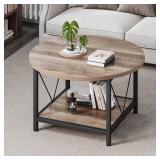 YITAHOME Round Coffee Table, Rustic Wood Coffee Tables for Living Room, Farmhouse Circle Coffee Table with 2-Tier Storage, Center Table with Sturdy Metal Legs Storage Shelf, Grey Wash