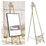 55" X 18"X 13.7" Metal Scroll Extra Large Free Standing Adjustable Display Stand Easel with Chain Support, Heavy Duty Easel for Sign, Wedding, Picture Frame, Mirror, Gold
