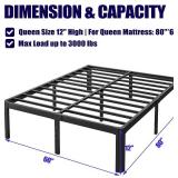 Hunlostten 12" High Queen Bed Frame No Box Spring Needed, Heavy Duty Metal Platform Bed Frame Queen Size with Round Corners, Easy Assembly, Noise Free, Black