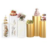 Retails for $101! 3 Pieces Clear Cylinder Stands for Party, Cilindros Para Fiestas Redondos Blancos, Acrylic Cylinder Pedestal Stand with Gold Cover Sets for Party Wedding Birthday Baby Shower Event D