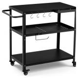 Outdoor Grill Cart Table,Indoor and Outdoor Pizza Oven Table,with 4 Movable Total Lock Casters, Hooks, Side Handle Multifunctional (Black)