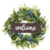 Artificial Eucalyptus Wreath with Welcome Sign 18 Inch Front Door Greenery Wreath for Spring, Summer, Fall, All Seasons Large Size Polytype Leaves Wreath for Farmhouse Garden D cor