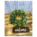Artificial Eucalyptus Wreath with Welcome Sign 18 Inch Front Door Greenery Wreath for Spring, Summer, Fall, All Seasons Large Size Polytype Leaves Wreath for Farmhouse Garden D cor