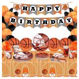 Gatherfun Basketball Party Supplies Paper Plates Napkins Cups Knives Forks Spoons with Balloons and Banner for Kids and Adult Birthday Party March Madness Party Decorations, Serve 25