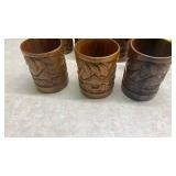 Hand Carved Wooden Tropical Scene Mugs Set